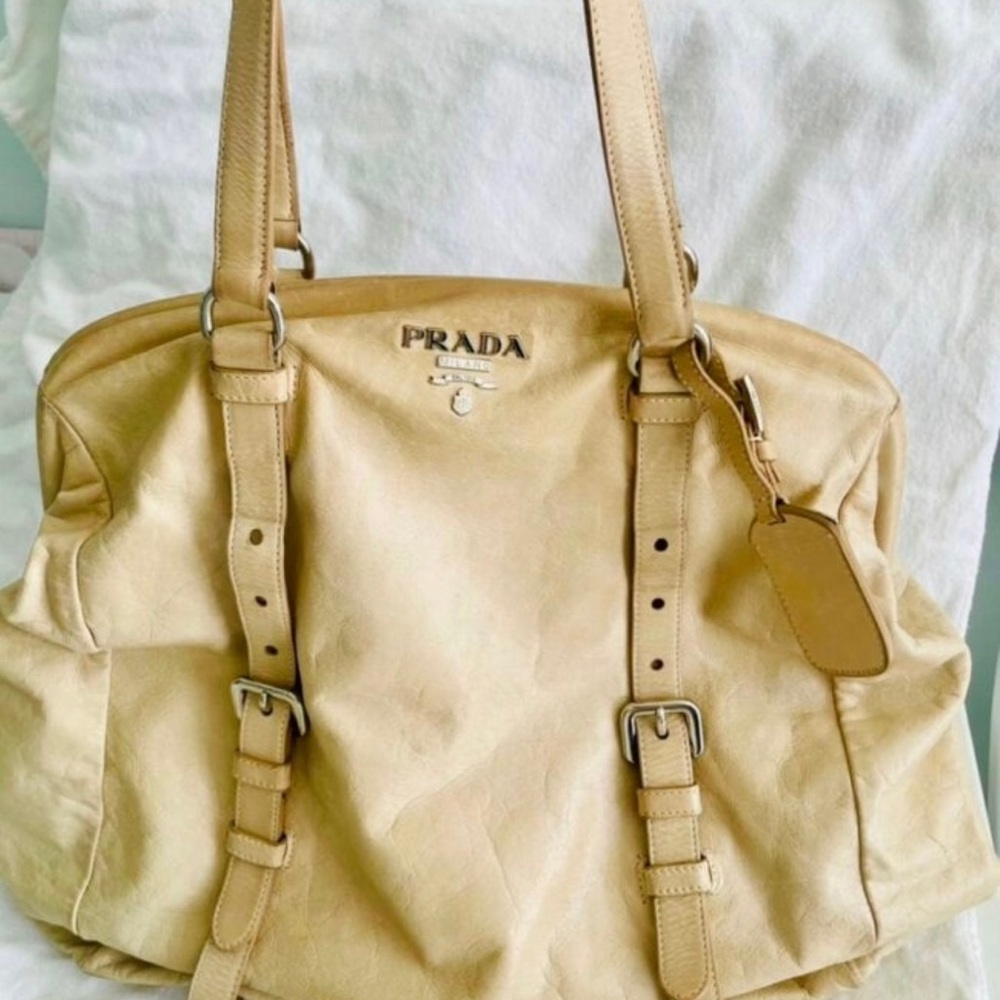 Prada Tan Leather Shoulder Bag with Buckle Straps